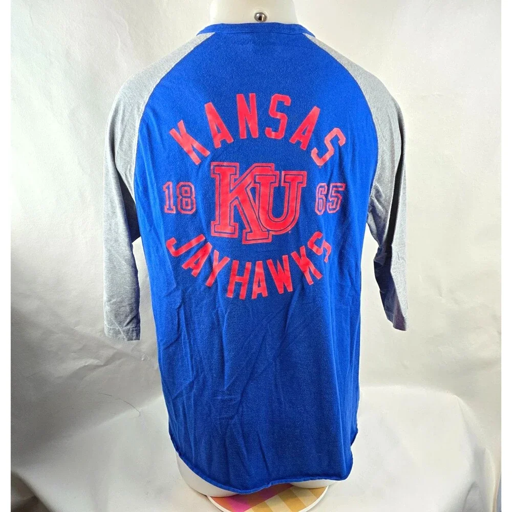 Kansas Jayhawks T Shirt Mens Large Blue Gray Adidas Henley Raglan Retro Style